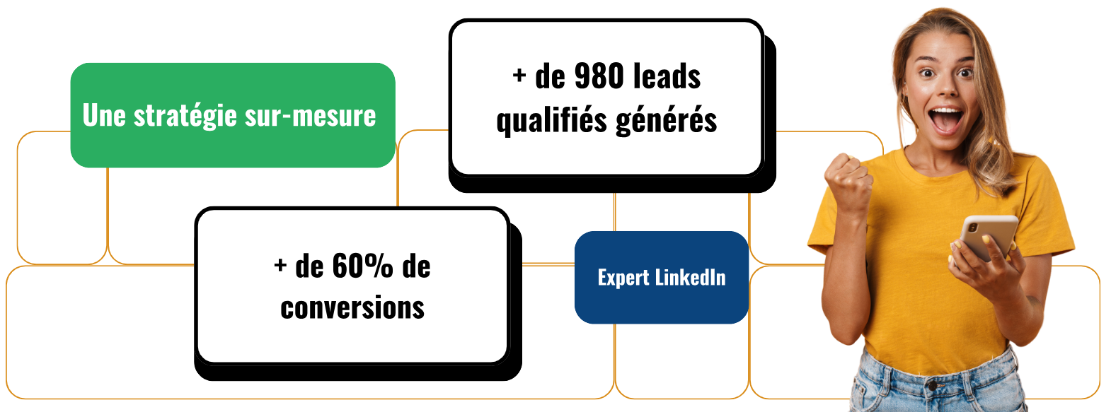 chasseur digital_leads Femme souriante tenant un téléphone, visiblement enthousiaste, représentant une cliente satisfaite des performances de Chasseur Digital en génération de leads.